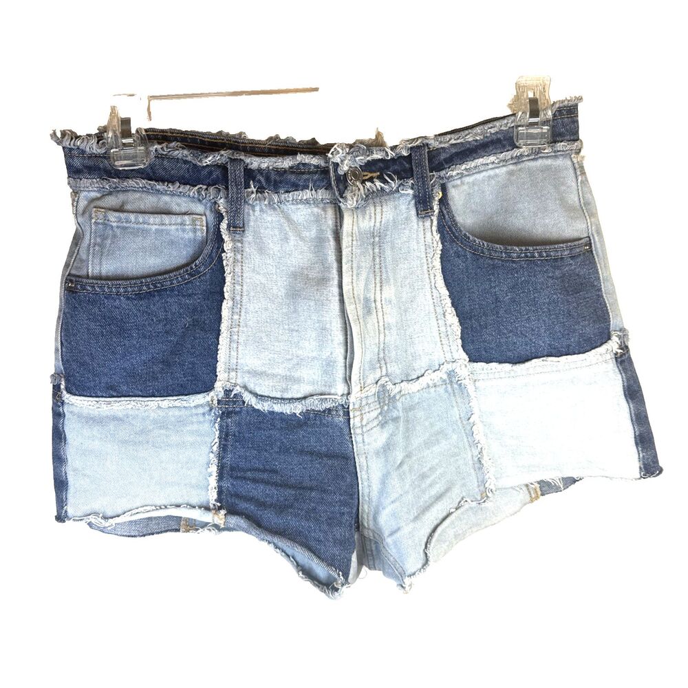 Women’s 10 Patchwork Denim Shorts Light Wash High Rise Frayed Seams Button Fly